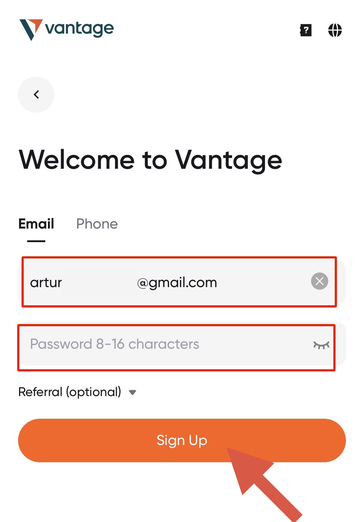 Форма регистрации Vantage — email и пароль