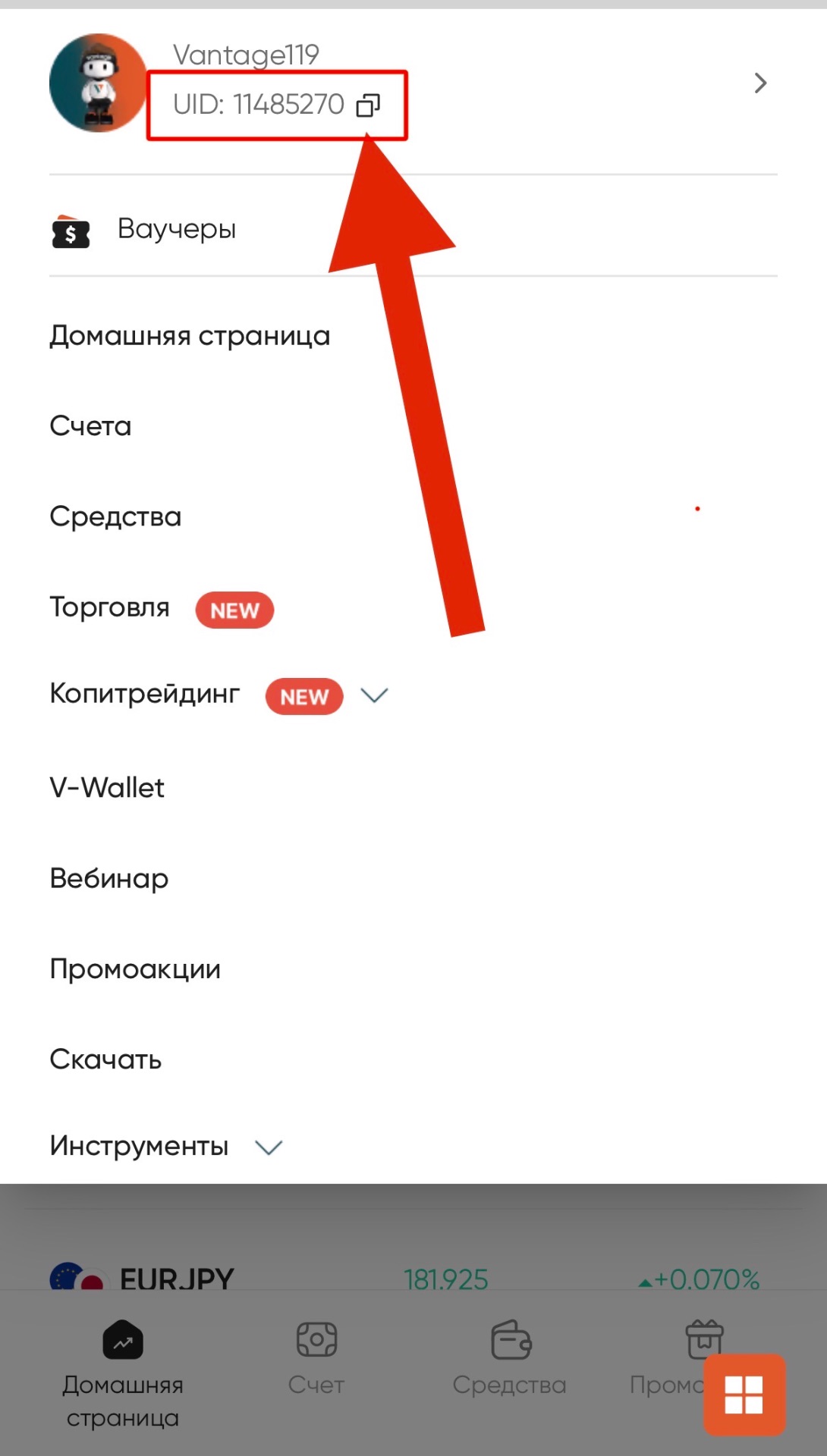 Меню профиля Vantage с UID аккаунта