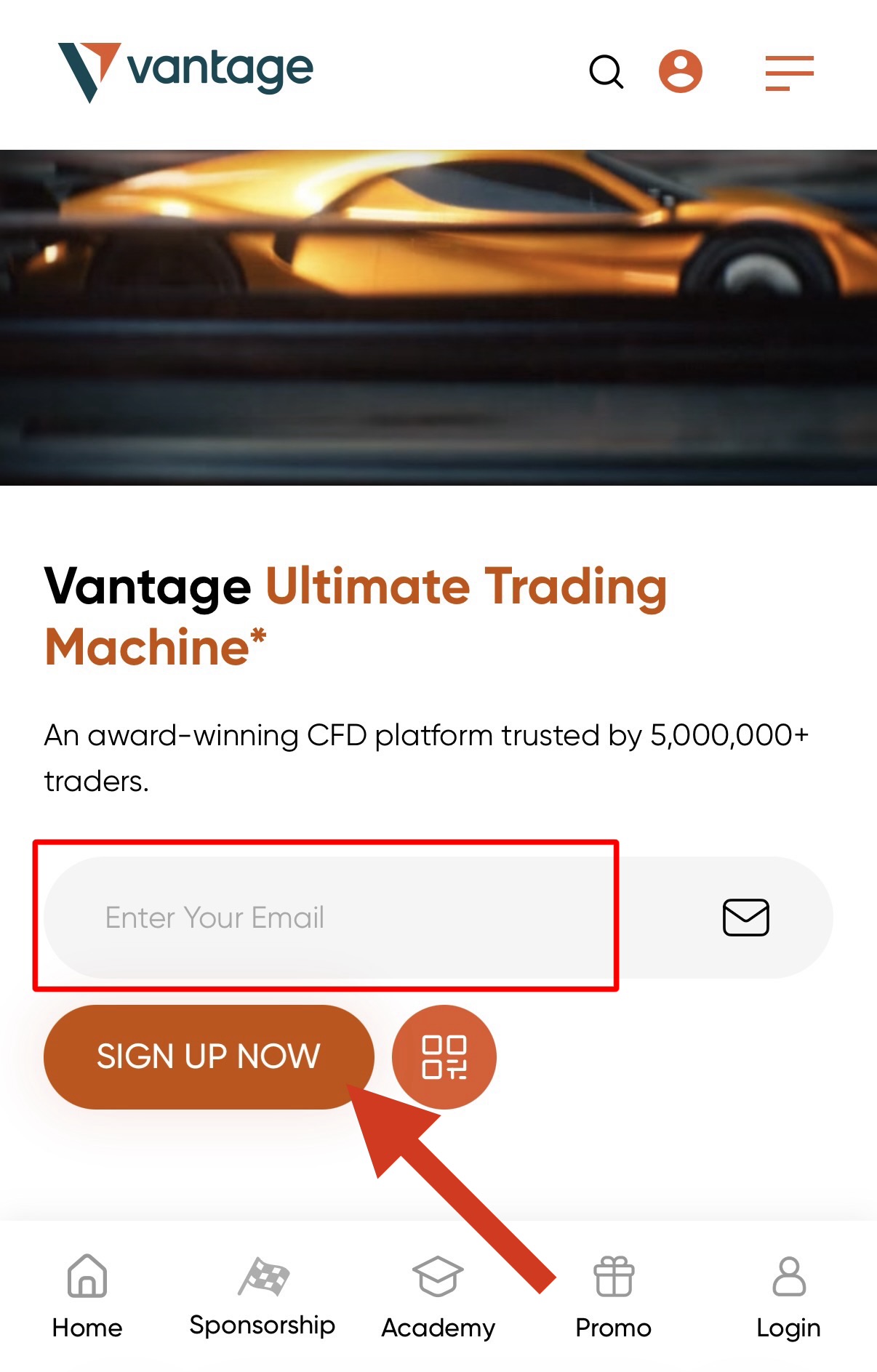 Главная страница Vantage — кнопка «Sign Up Now»